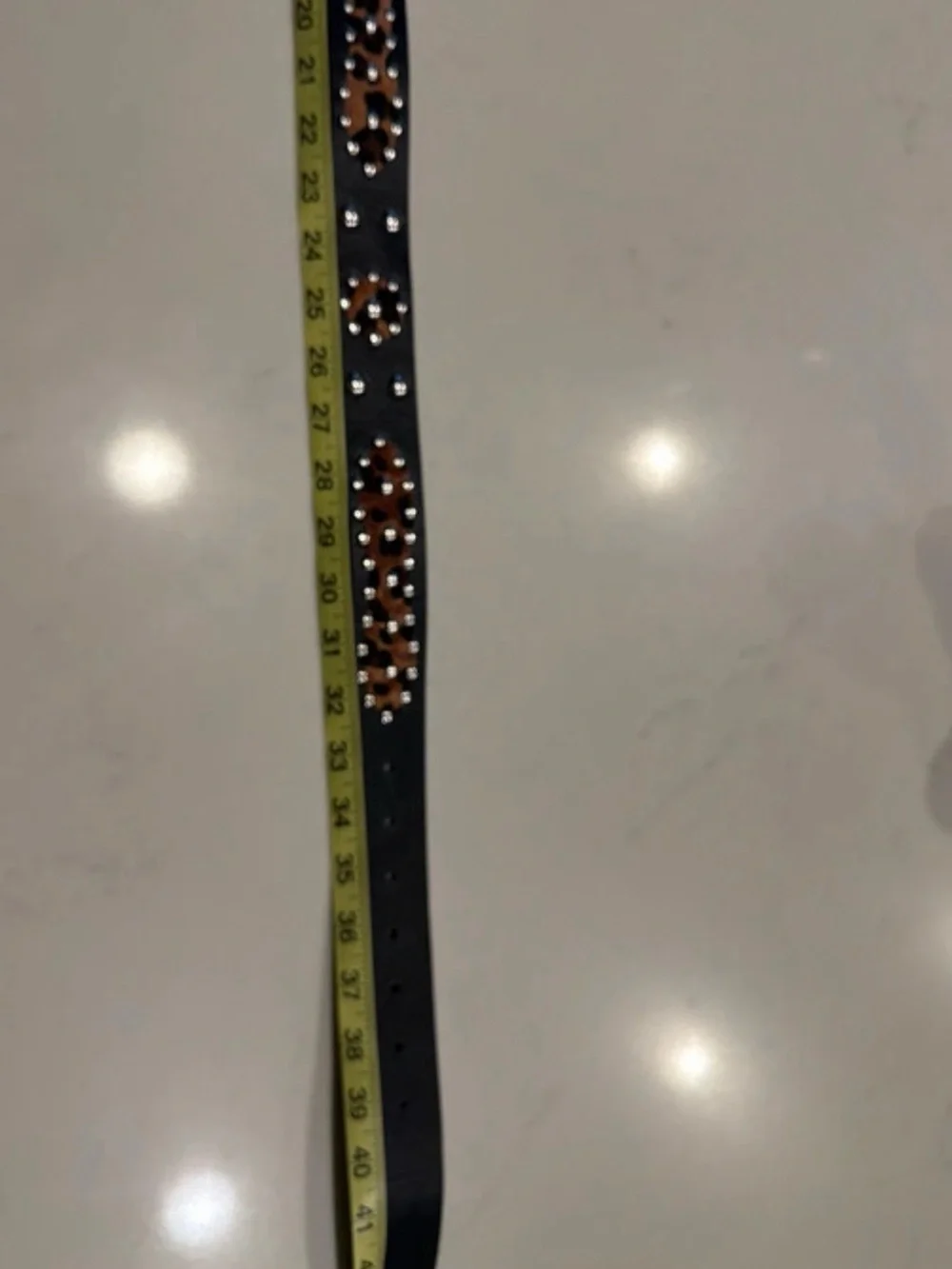 Black Leather Studded Belt with Leopard-Print Panel